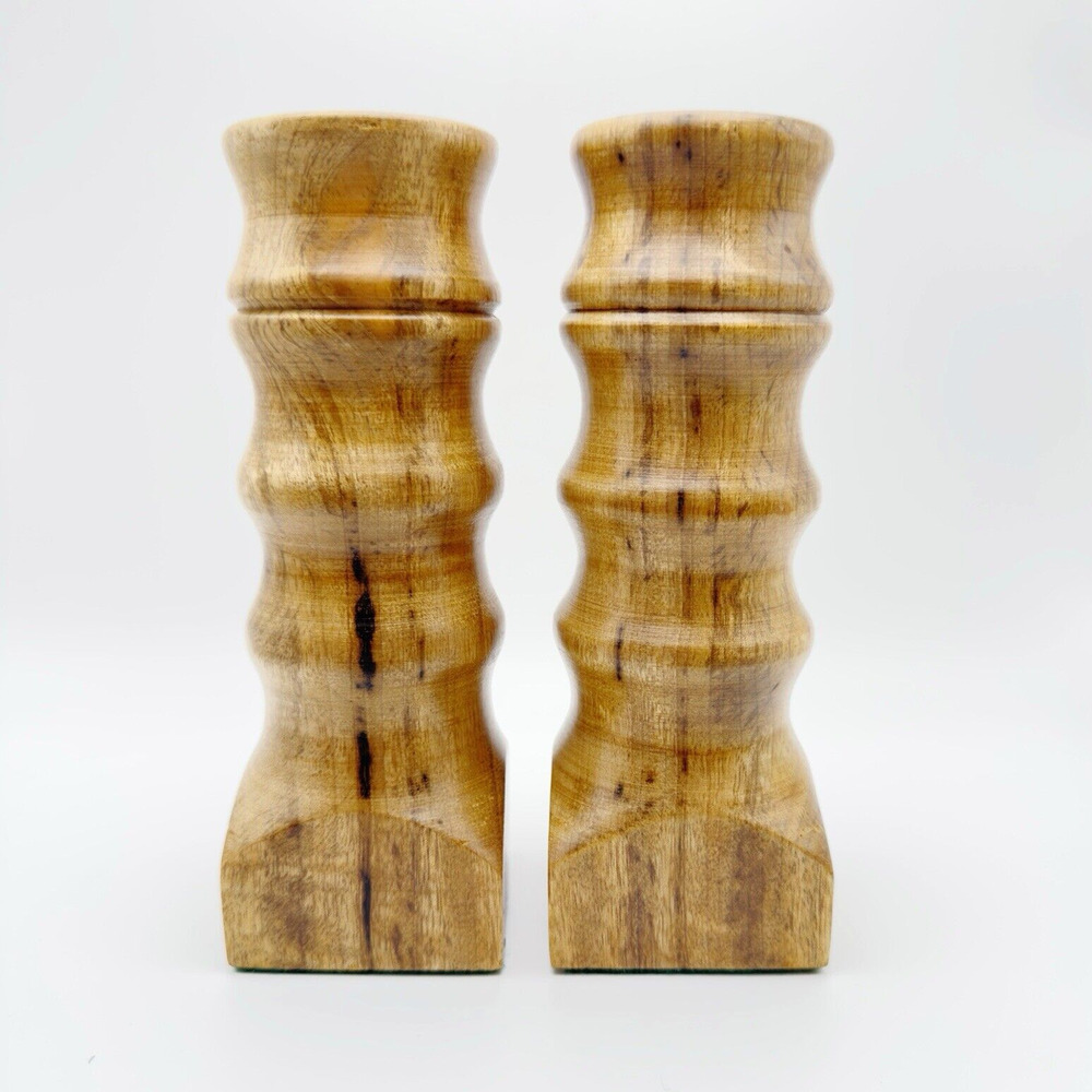 Vintage Handcrafted Turned Wood Candlestick Holders Set Signed 60s 70s Farmhouse